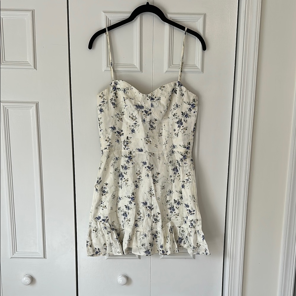 Reformation Linen Floral White and Blue Dress